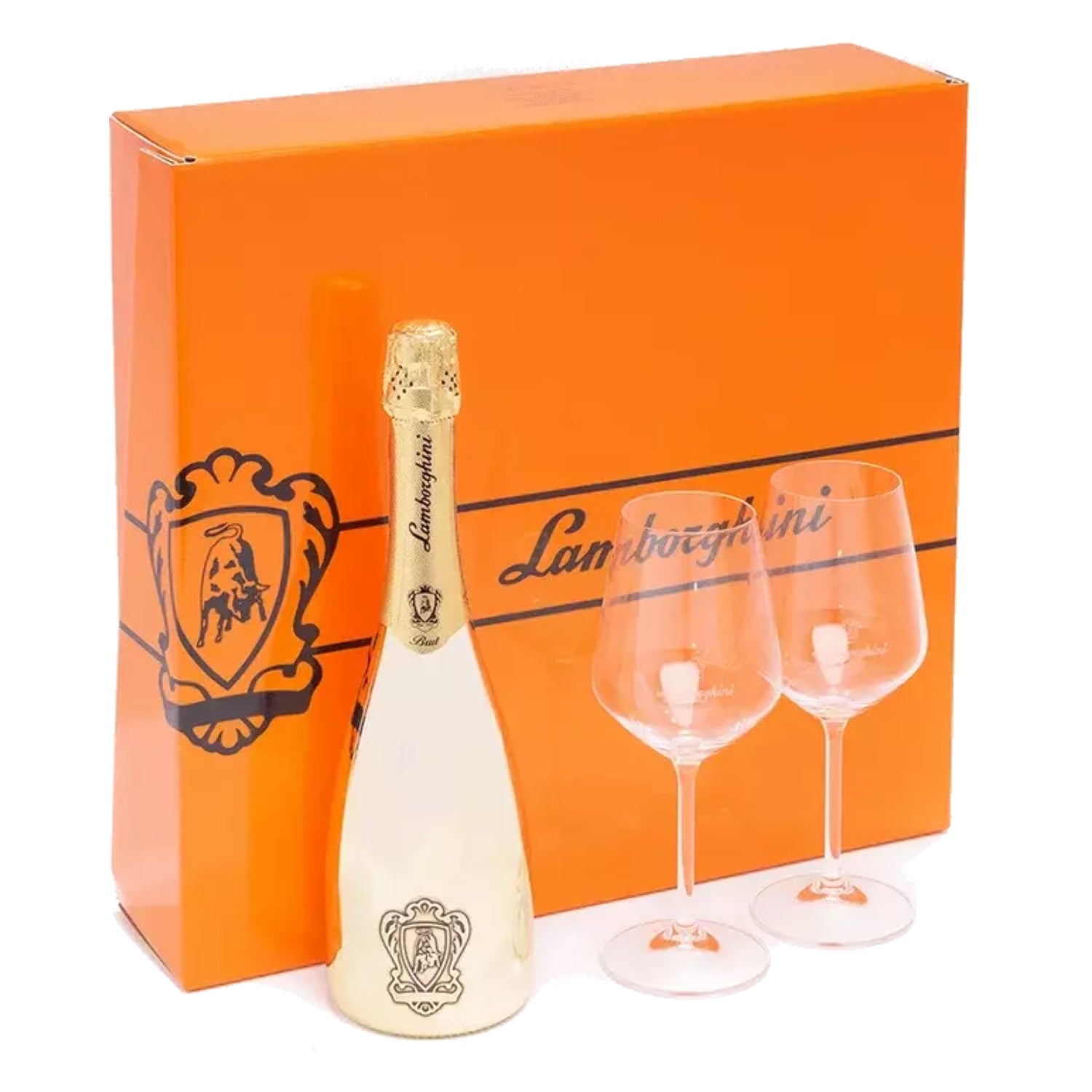 Lamborghini Gold Brut Sparkling Wine Gift Set W Crystal Glasses