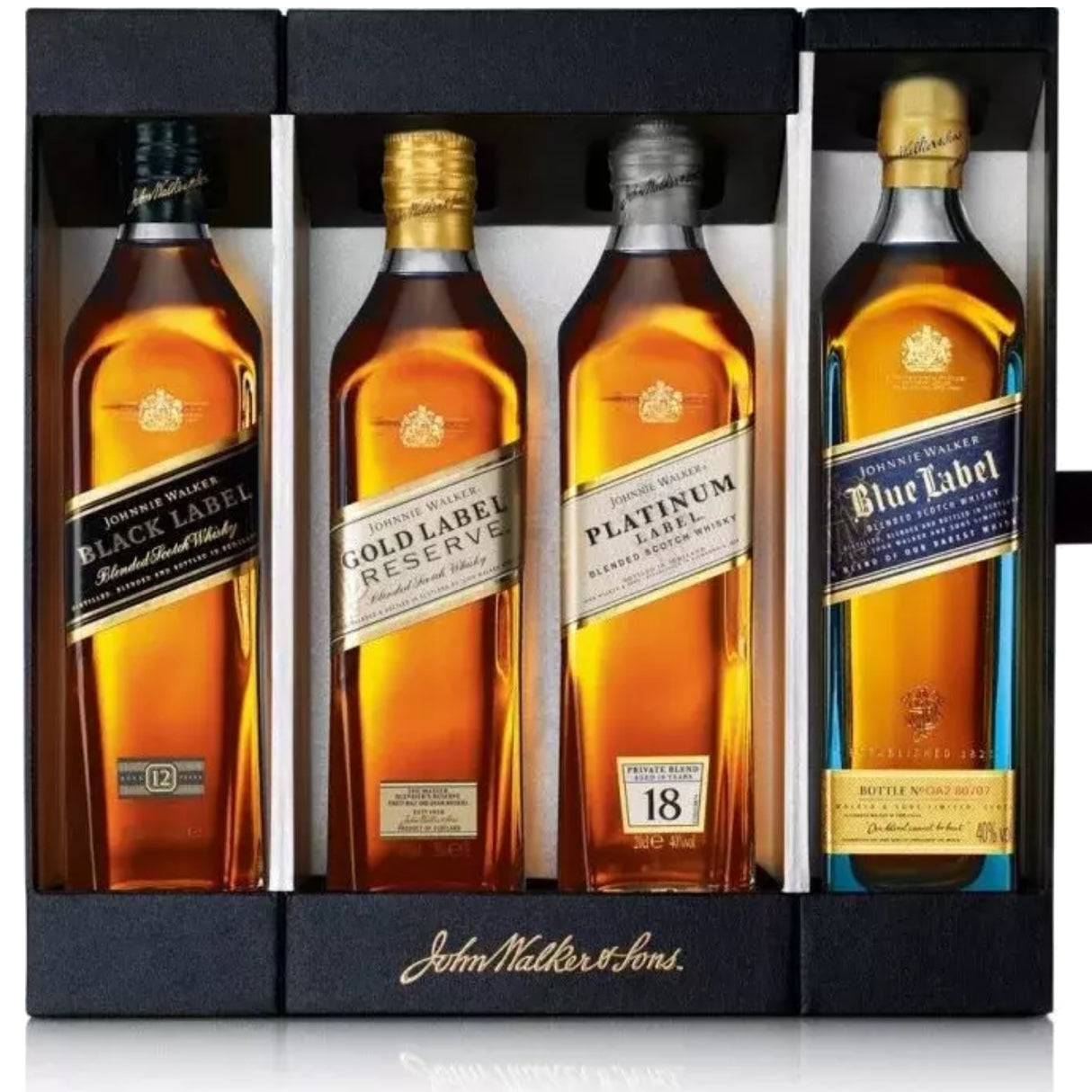 Johnnie Walker Collection Pack 4x200ml Set Black, Gold, 18, & Blue Label Scotch Whisky